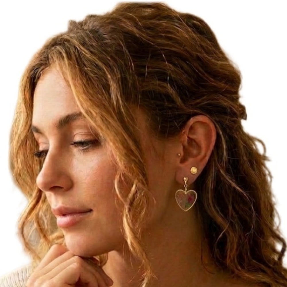 Gold-Rim Heart Shaped Pressed-Flower Earrings BRAND NEW